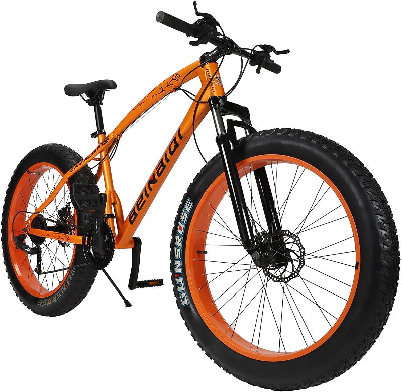 Photo 1 of GUNSROSE Fat Wide Tire Beach Snow Mountain Bike, 26-Inch Wheels, 4-Inch Wide Knobby Tires, 21 Speed, Full Suspension Double Disc Brakes, High Carbon Steel Frame
