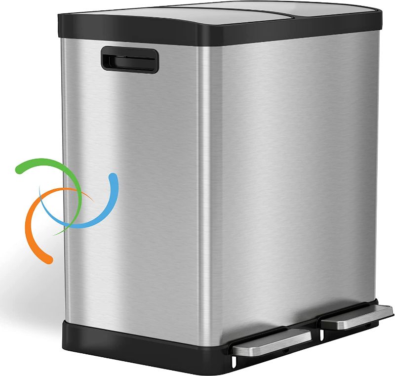 Photo 1 of 16 Gallon Dual Step Trash Can & Recycle, Stainless Steel Lid and Bin Body with Handle, Includes 2 x 8 Gallon (60L) Removable Buckets are Color-Coded, Soft-close and Airtight Lid, Silver