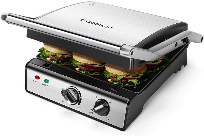 Photo 1 of Aigostar Panini Press with removable plates, Electric Indoor Grill Smokeless, with Non-Stick Coated Plates, Opens 180 Degrees, Stainless Steel Sandwich Maker with Temperature Control & Timer, 1500W
