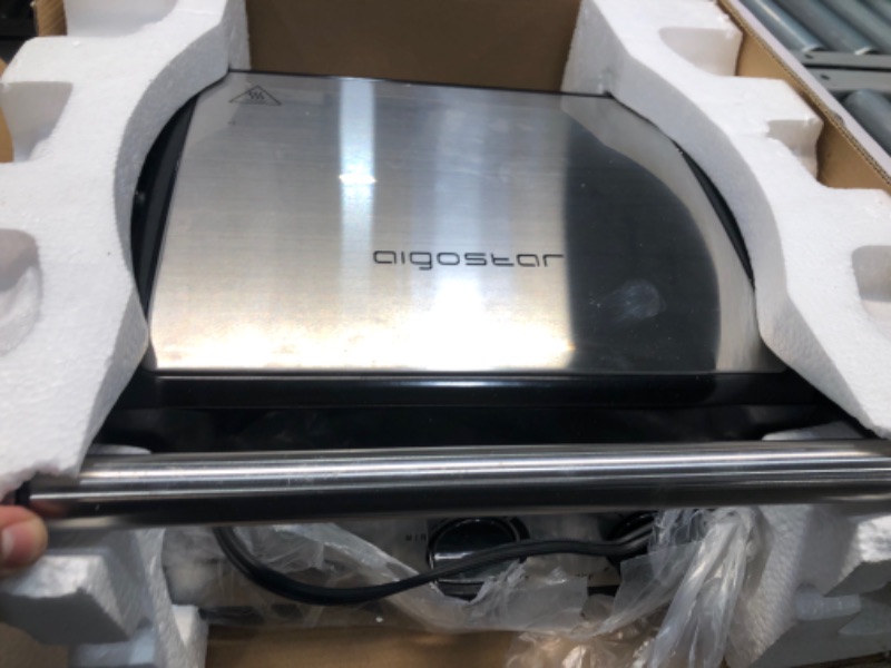 Photo 1 of Aigostar Panini Press with removable plates, Electric Indoor Grill Smokeless, with Non-Stick Coated Plates, Opens 180 Degrees, Stainless Steel Sandwich Maker with Temperature Control & Timer, 1500W
