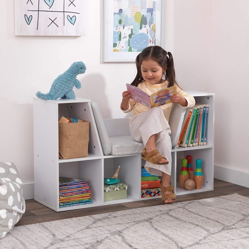 Photo 1 of KidKraft Wooden Bookcase with Reading Nook, Storage and Gray Cushion, White, Gift for Ages 3-8 12"D x 40"W x 22.5"H

