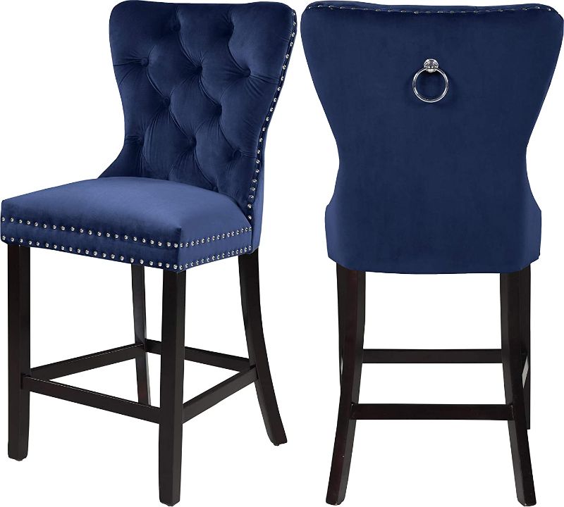 Photo 1 of ***ONE OF THE LEG DAMAGE*** Meridian Furniture Nikki Collection Modern | Contemporary Velvet Upholstered Counter Stool with Wood Legs, Button Tufting, and Chrome Nailhead Trim, Set of 2, Navy, 21" W x 24.5" D x 43" H
