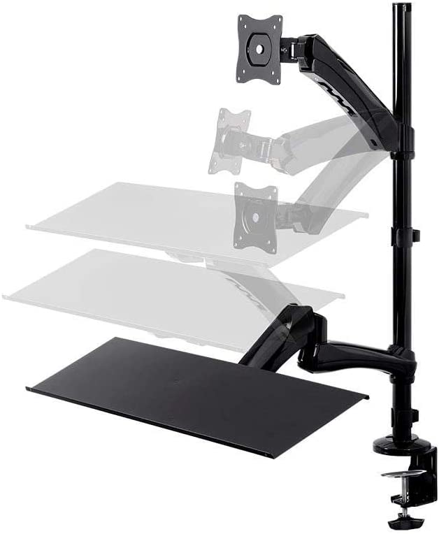 Photo 1 of Monoprice Articulating Gas Spring Sit Stand Monitor and Keyboard Riser Desk Mount - Black, 26 Inch Table Top Workstation | Easy to Use, Compatible with Most Desks
