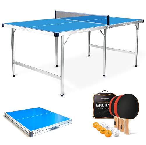 Photo 1 of (MISSING COMPONENTS)PRO-SPIN Midsize Ping Pong Table | Foldable Indoor Outdoor Table | 100% Pre-Assembled | Includes 4 Ping Pong Paddles, 8 Ping Pong Balls, Net, Table Co
