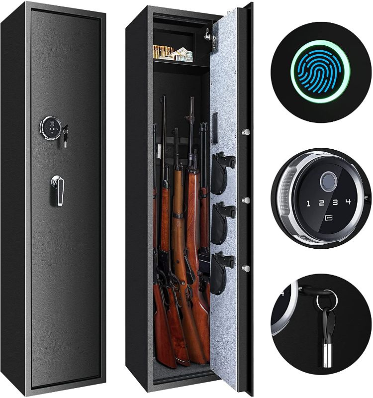 Photo 1 of **WILL NOT OPEN**Biometric Gun Safe Rifle, Large Gun Safes for Home Rifle and Pistols, Quick Access Gun Cabinets Storage 5 Gun (with/Without Scope) with Pistol Lock Box, 3 Separate Handgun Pouch**IS UNLOCKED**
