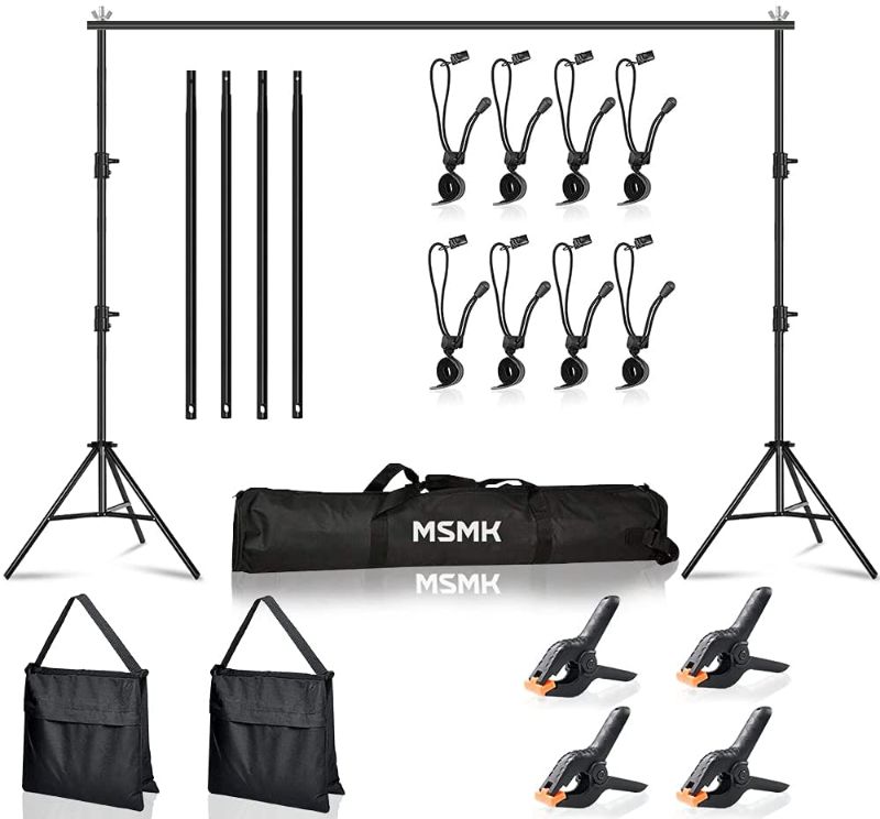 Photo 1 of MsMk Photo Video Studio Backdrop Stand with 8 Spring & 4 Clips, 6.5ft x 10ft Adjustable Muslin Background Support System Kit with Sand Bag, Carry Bag for Photography Studio
