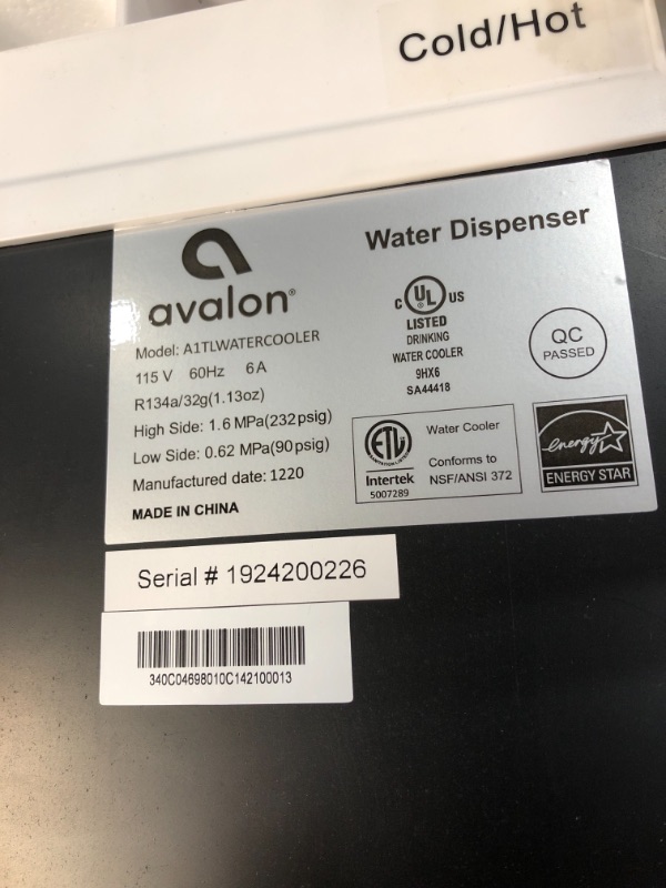 Photo 2 of Avalon A1WATERCOOLER A1 Top Loading Cooler Dispenser, Hot & Cold Water, Child Safety Lock, Innovative Slim Design, Holds 3 or 5 Gallon Bottles-UL/Energy Star Approved, White**5 GALLON NOT INCLUDED**
