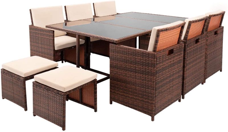 Photo 1 of **INCOMPLETE** 11 Pieces Patio Dining Sets Outdoor Space Saving Rattan Patio Furniture Sets with Ottoman and Cushions (Brown)**BOX 3 OF 3*CONTAINS FULL TABE W/ GLASS PANELS AND SEAT CUSHIONS**