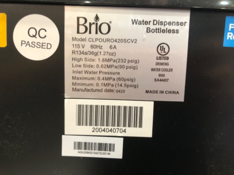 Photo 8 of Brio Commercial Grade Bottleless Ultra Safe Reverse Osmosis Drinking Water Filter Water Cooler Dispenser
MODEL: CLPOUR0420SCV2