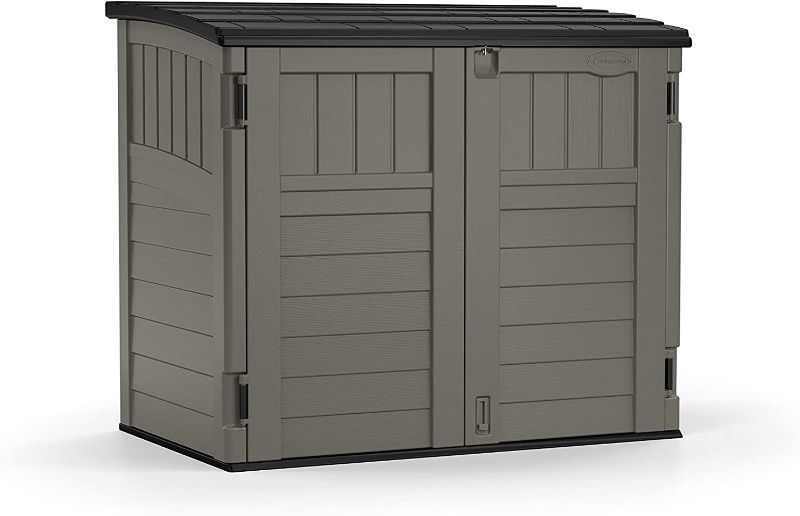 Photo 1 of ***MISSING PARTS AND HARDWARE***Suncast 4' x 2' Horizontal Storage Shed - Natural Wood-Like Outdoor Storage for Trash Cans and Yard Tools - All-Weather Resin Material, Hinged Lid Design and Reinforced Floor - Stoney 
