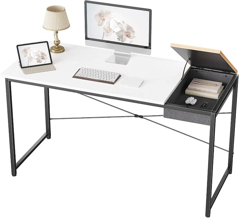 Photo 1 of Cubiker Computer Desk 55" Home Office Writing Study Laptop Table, Modern Simple Style Desk with Drawer, White Natural  Minor damage/loose parts
