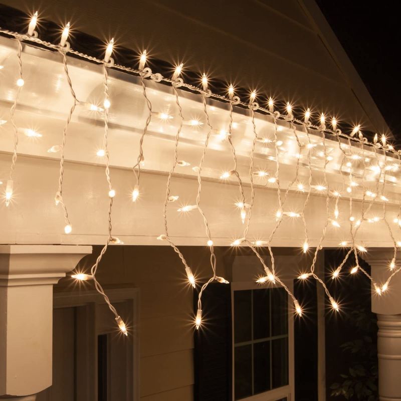 Photo 1 of 8.5 ft 150 Clear Icicle Lights - White Wire, Indoor / Outdoor Christmas Lights, Outdoor Holiday Icicle Lights
