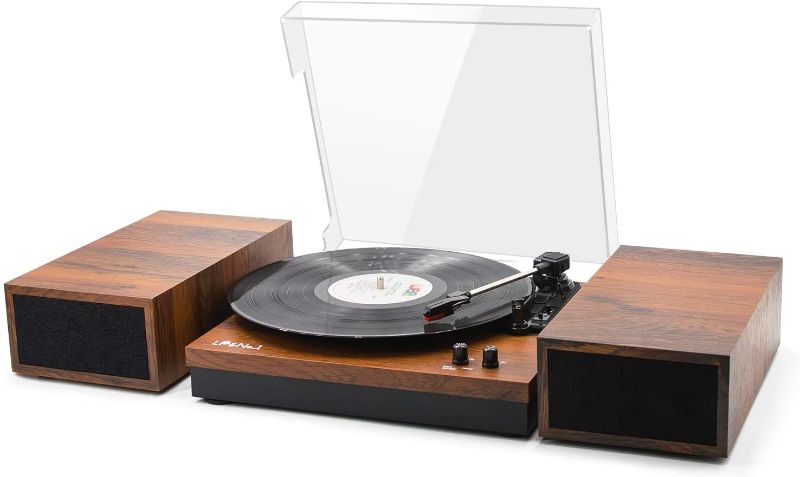 Photo 1 of LP&No.1 Bluetooth Vinyl Record Player with External Speakers, 3-Speed Belt-Drive Turntable for Vinyl Albums with Auto Off and Bluetooth Input (Mahogany Wood)
