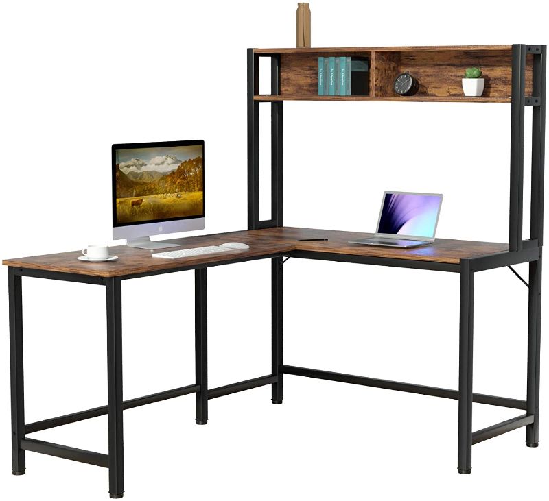 Photo 1 of L-Shaped Desk with Hutch, 55 Inch Corner Computer Desk Gaming Table Workstation with Storage Shelves Bookshelf, Study Writing Space Saving Desk for Home Office
(Black)