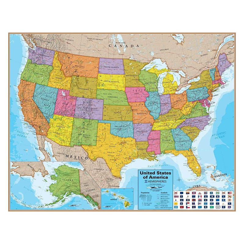 Photo 1 of Waypoint Geographic Hemispheres Laminated USA Wall Map w/Blue Oceans - Easy to Read Up-to-Date Locations, US Highways, State Flags & Legend - Poster Size Wall Art (Large 38" x 48") - Ships Rolled
