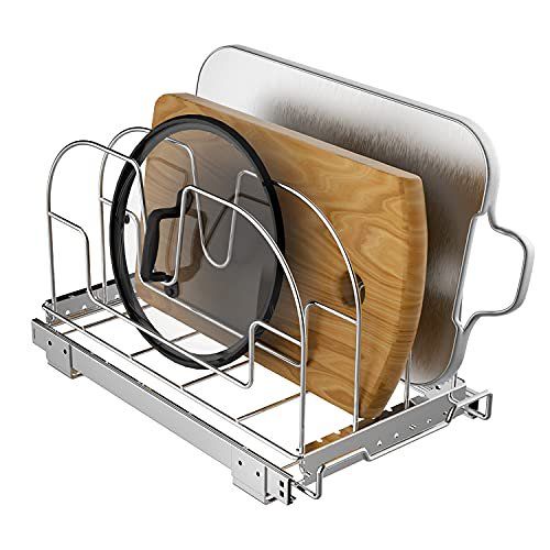 Photo 1 of G-TING Pull Out Kitchen Cabinet Organizer Tray, Adjustable Pot Lid Holder Storage Rack, Slide Out Cookie Sheet Organizer Rack for Cabinet Cutting Board Bakeware, 9.45w x 16.93d x 9.85h -inch
