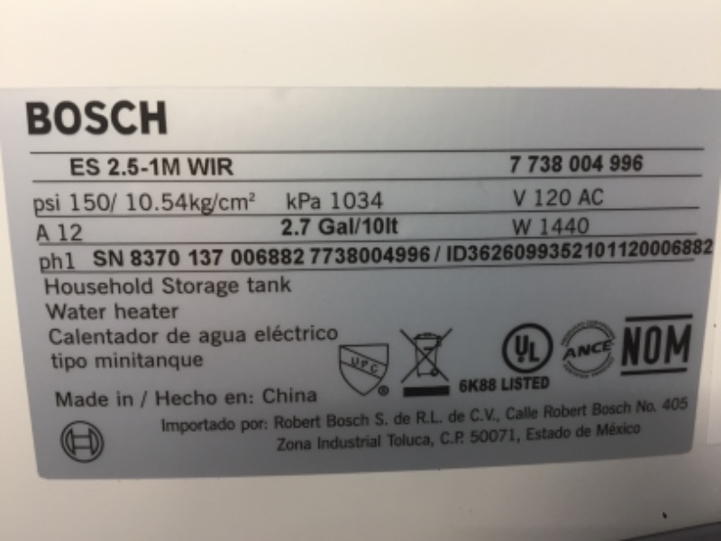 Photo 2 of Bosch 4 Gal. Mini-Tank Electric Water Heater
