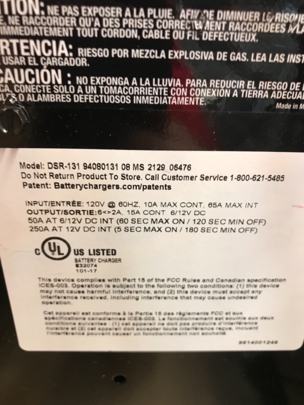 Photo 2 of Schumacher DSR131 DSR ProSeries 250 Amp(12V) 125 Amp(6V) 50 Amp 6V/12V Fully Automatic Pro Smart Battery Charger with Engine Starter, Boost, and Maintainer for Automotive Shop/Dealer Use
