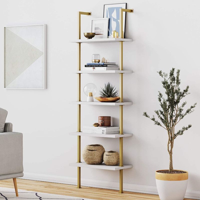 Photo 1 of  5-Shelf Modern Bookcase, Open Wall Mount Ladder Bookshelf with Industrial Metal Frame, White/Gold
