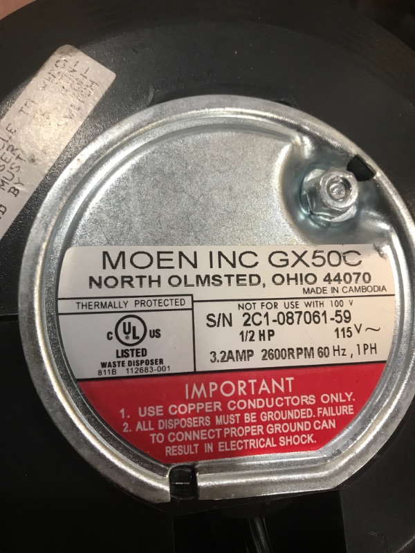 Photo 3 of ***PARTS ONLY*** Moen GX50C Prep Series 1/2 HP Continuous Feed Garbage Disposal with Sound Reduction, Power Cord Included, Black
