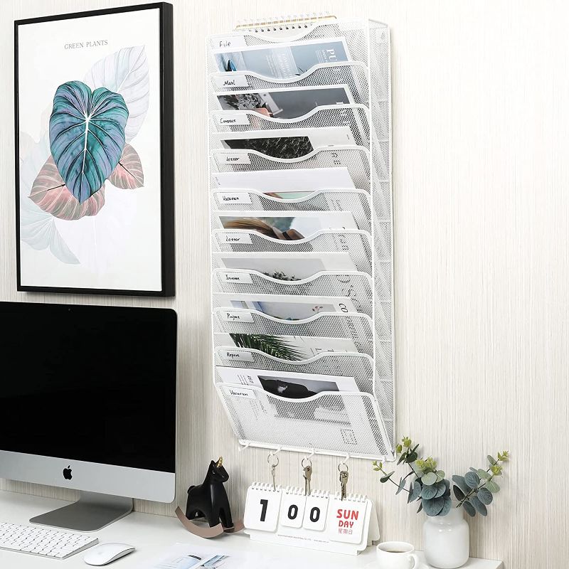 Photo 1 of EasyPAG 10 Pocket Metal Wall File Holder Organizer Hanging Magazine Rack with 5 Key Holder Hooks,White
