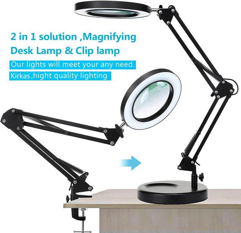 Photo 1 of Magnifying Glass with Light and Stand, KIRKAS 2-in-1 Stepless Dimmable LED Magnifying desk Lamp with Clamp, 3 Color Modes Lighted Magnifier Lens Swivel Arm Light for Reading, Craft, Close Works -Black