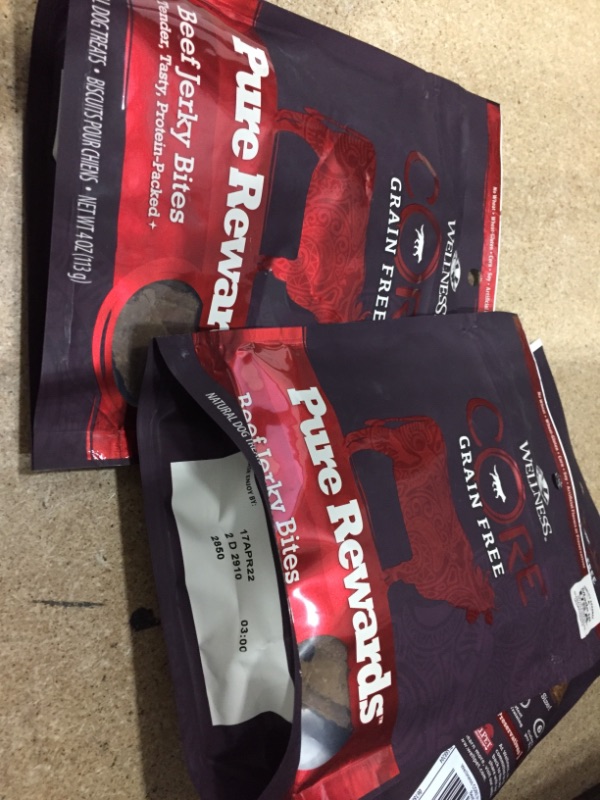 Photo 2 of ***Set of 3***Date 4/14/22 Wellness CORE Natural Grain Free Pure Rewards Beef Recipe Jerky Bites Dog Treats - 4 Oz
