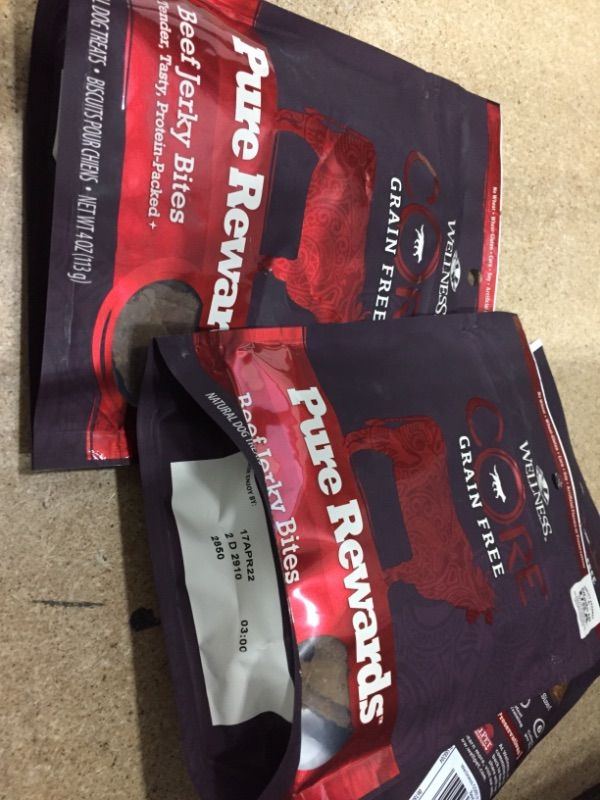 Photo 1 of ***Set of 3***Date 4/14/22 Wellness CORE Natural Grain Free Pure Rewards Beef Recipe Jerky Bites Dog Treats - 4 Oz