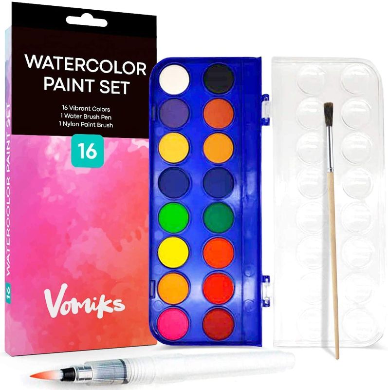 Photo 1 of **SET OF 2** Watercolor Paint Set for Kids, Artists and Adults - Perfect Kit for Beginners or Professionals,16 Vibrant Color Cakes, Includes 1 Water Brush Pen and Paint Brush.
