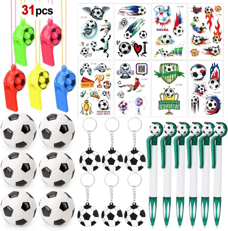 Photo 1 of **SET OF 2* Konsait Football Party Favors 31pcs Football Key Rings, Football Whistles, Bouncy Footballs, Football Tattoos for Kids Birthday Gift Football Party Sports...
