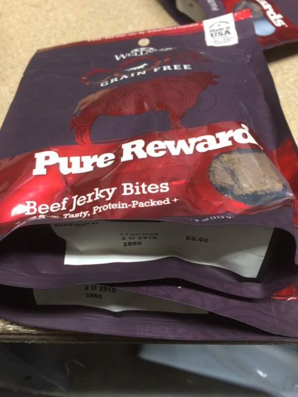 Photo 2 of ***SET OF 2** DATE 04/17/2022** Wellness CORE Natural Grain Free Pure Rewards Beef Recipe Jerky Bites Dog Treats - 4 Oz
