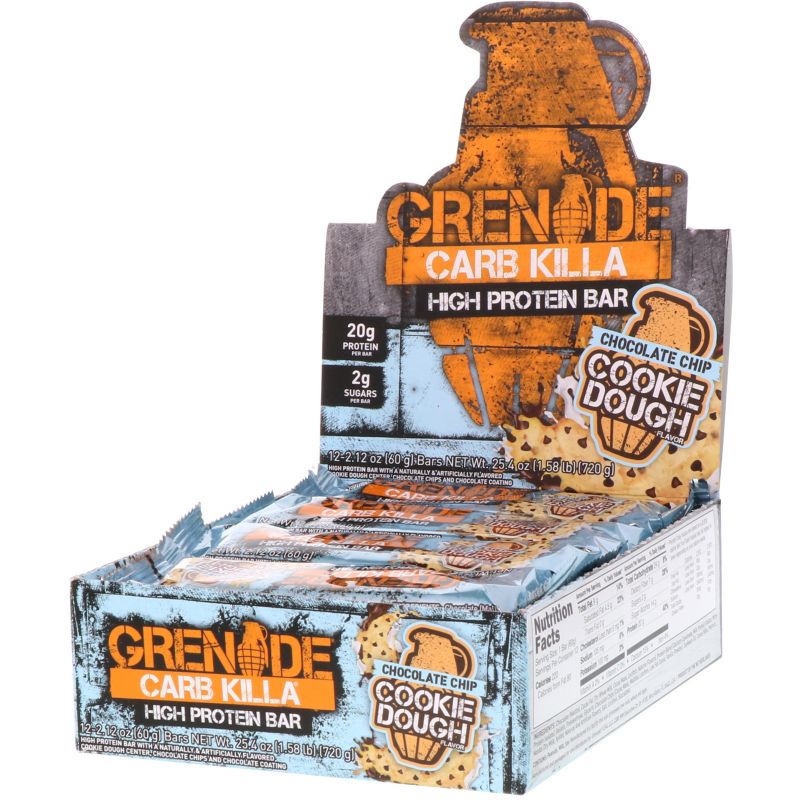 Photo 1 of *DATE 04/08/2022* Grenade Carb Killa, High Protein Bar, Chocolate Chip Cookie Dough, 12 Bars, 2.12 Oz (60 G) Each
