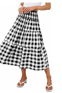 Photo 1 of ***L** EXLURA Women's Casual Plaid Skirt Elastic High Waist A Line Ruffle Swing Tiered Maxi Skirt
