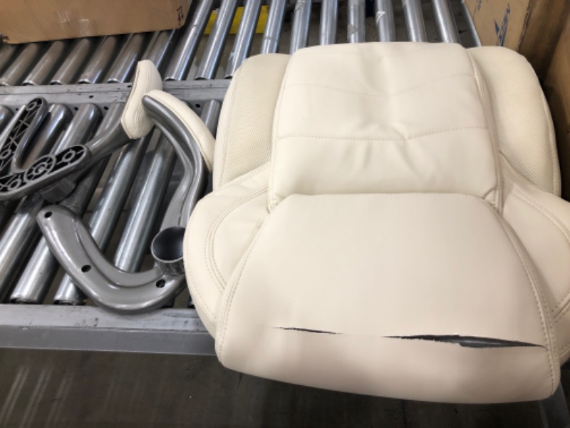 Photo 2 of (TORN SEAT LEATHER; MISSING GAS LIFT) 
Ergonomic High-Back Bonded Leather Executive Chair with Flip-Up Arms and Lumbar Support, Cream