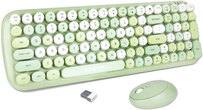 Photo 1 of Wireless Keyboard Mouse Combo, 2.4G Colorful Typewriter Compact Keyboard with 100 Round Retro Keycap,Computer Wireless Cute Keyboard with Number Pad for PC Desktop Laptop Tablet PC Windows(Green)
