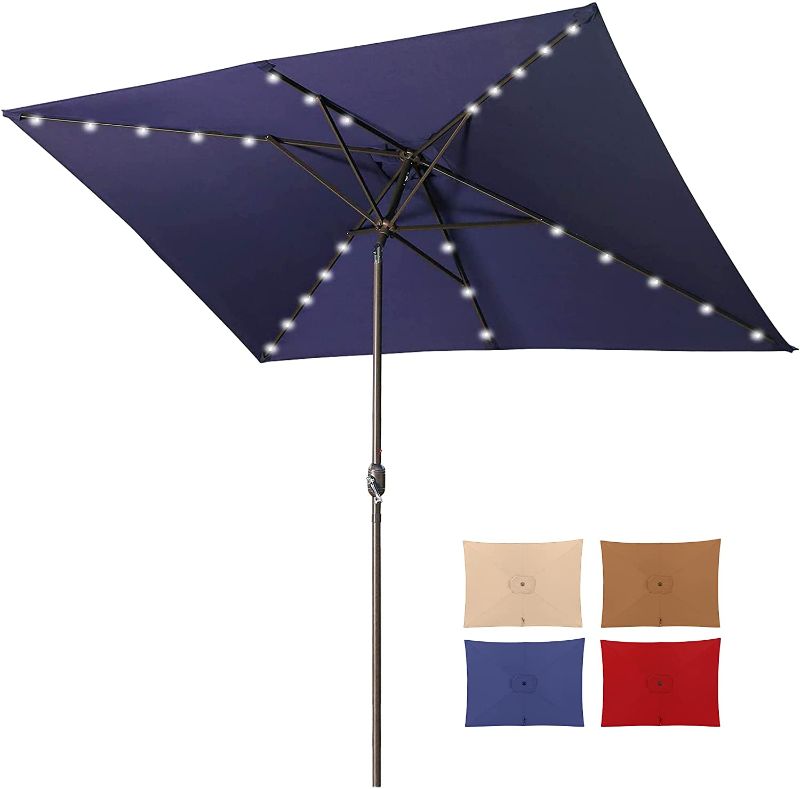 Photo 1 of Aok Garden 10ft Patio Umbrella with Solar Lights - 30 LED Rectangular Tilt Umbrella, 6-8 Chairs Outdoor Rectangle Umbrella for Lawn Backyard, Deck, Pool and Beach, Navy Blue
