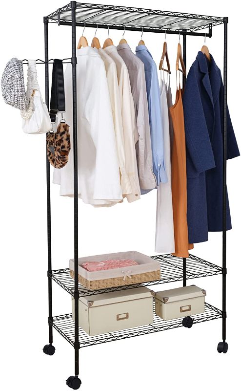 Photo 1 of Heavy Duty Clothing Garment Rack, Freestanding Clothing Rack, Portable Closet Wardrobe with 3 Adjustable Wire shelves 1 Side Hook and 1 Clothe Rod for Hanging Clothes, Black
