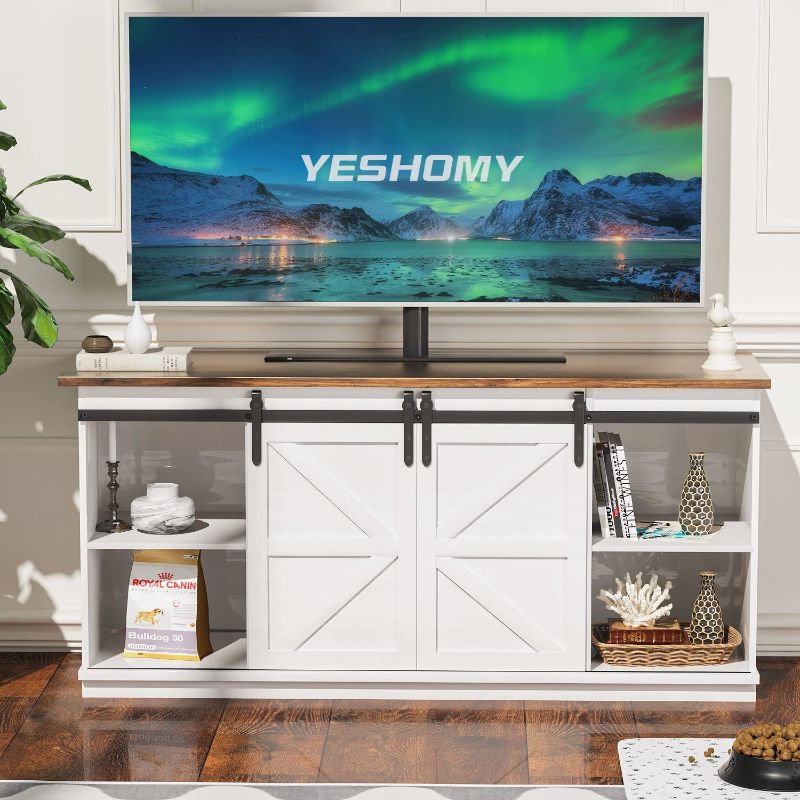 Photo 1 of ***PARTS ONLY*** YESHOMY Modern Farmhouse TV Stand with Sliding Barn Door and Storage Cabinet, Entertainment Center Console Table for Televisions up to 65+ Inch, Media Furniture for Living Room, 58 Inch, White
