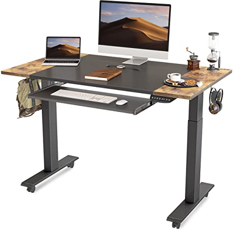 Photo 1 of FEZIBO Dual Motor Height Adjustable Electric Standing Desk with Keyboard Tray, 48 x 24 Inch Sit Stand Table with Splice Board, Black Frame/Rustic Brown and Black Top
