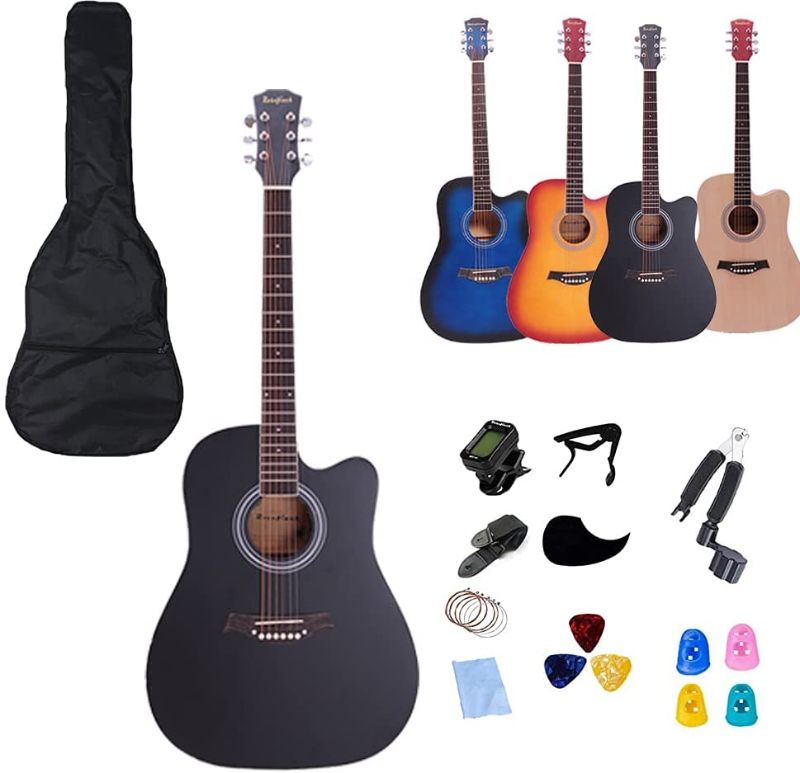 Photo 1 of 41 inch Acoustic Guitar 4/4 Full Size Cutaway Folk Guitar Bundles with Bag Pick Capo Extra 6 Strings Rosefinch Wooden Guitar Musical Instrument Gift for Adults Beginners Kits?Matte 41" Black?

