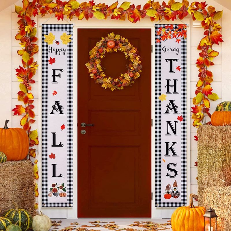 Photo 1 of 4 PACK Thanksgiving Fall Porch Sign - Thanksgiving Fall Banner Welcome Sign Harvest Porch Decor with Pumpkin Maple Leaves Gnomes for Home Front Door Yard Indoor Outdoor 
