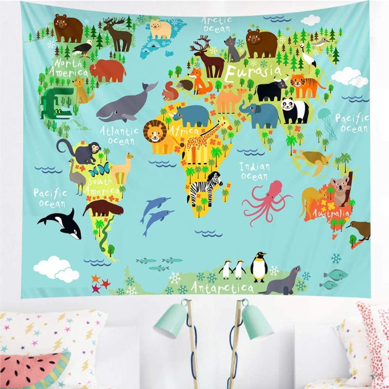 Photo 1 of 2 PACK**XGXL Educational Kids Animal Map Tapestry - Cartoon Geography Animal Landmarks World Map Blue Map Tapestry Wall Hanging for Kids Room Nursery Bedroom Living Room Dorm
