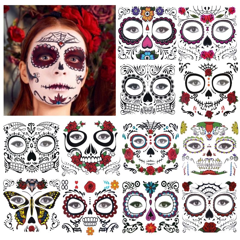 Photo 1 of 48 Pack Day of the Dead Sugar Skull Temporary Face Tattoo Halloween Makeup Tattoo for Men and Women