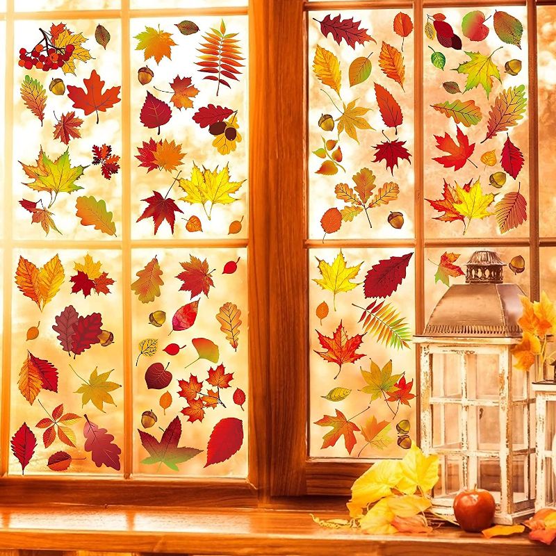 Photo 1 of 32 Sheets Thanksgiving Window Clings, Fall Window Clings for Glass Windows, Static Acorns Maple Leaf Window Clings Stickers Decals, Assorted Thanksgiving Window Decorations for Home
