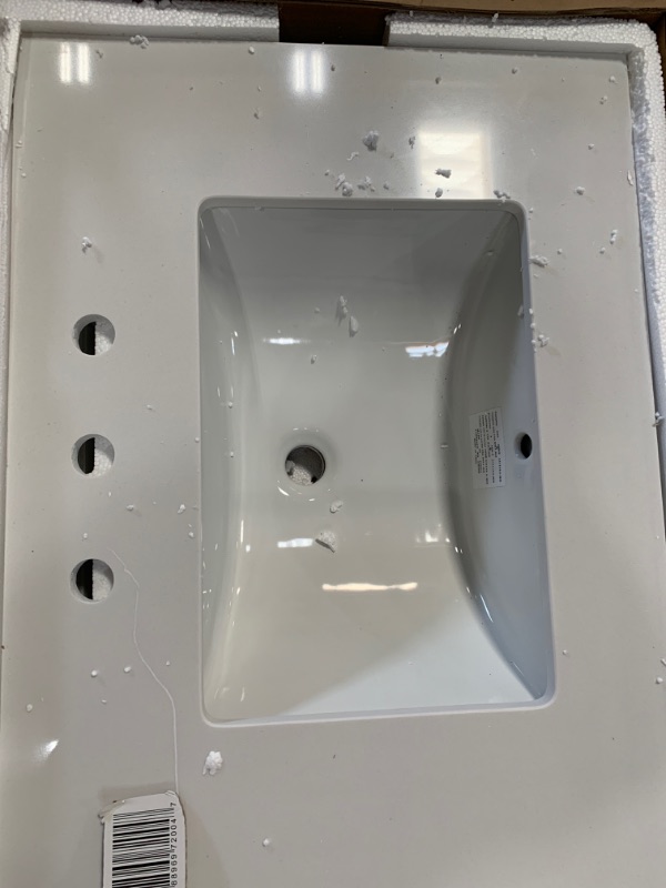 Photo 3 of 73 in. W x 22 in. D Engineered Marble Double Trough Sink Vanity Top in Winter White
as is minor damage - scratch on one side of the top 