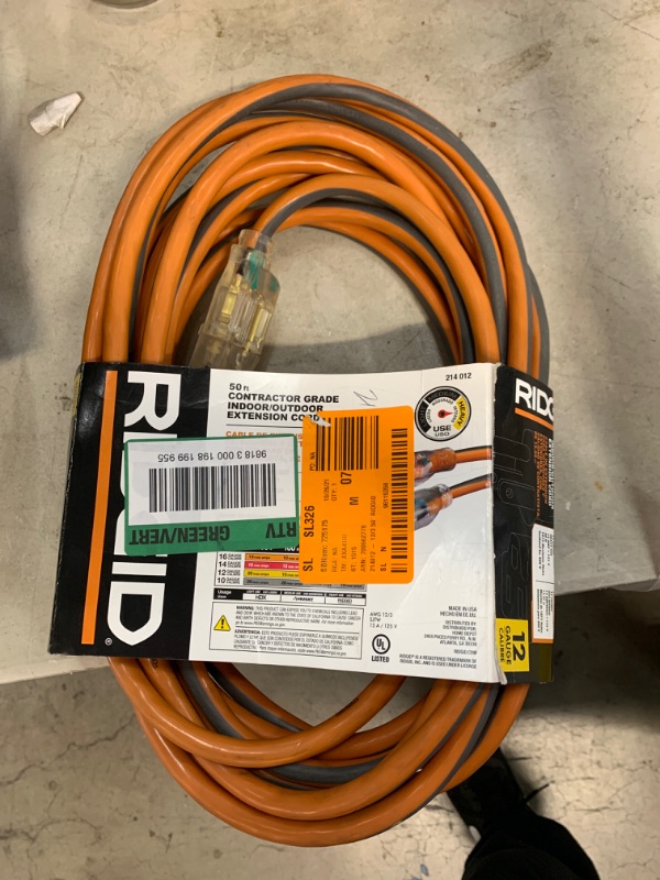 Photo 2 of 50 ft. 12/3 Heavy Duty Contractor Grade Outlet Indoor/Outdoor Extension Cord, Orange/Gray
