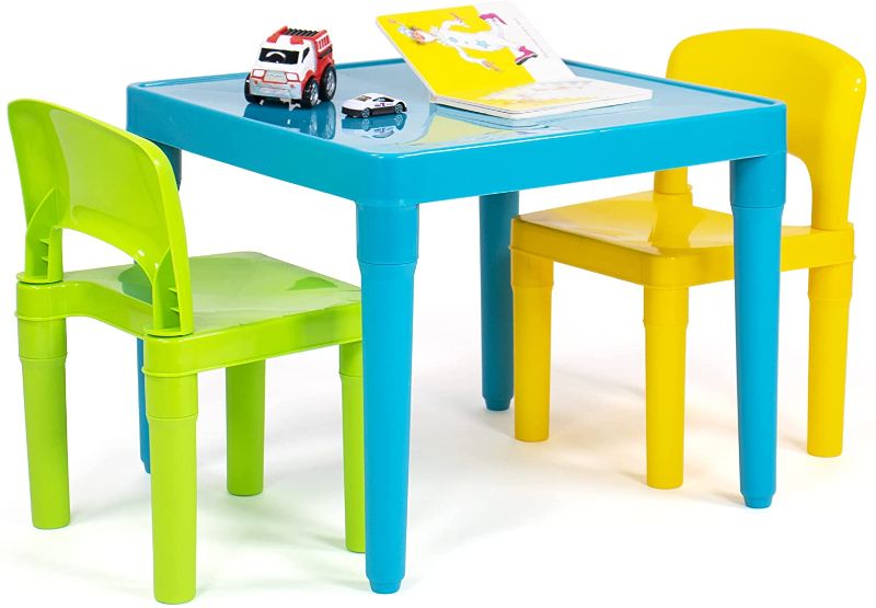 Photo 1 of Humble Crew, Aqua Table & Green/Yellow Kids Lightweight Plastic Table and 2 Chairs Set, Square, Toddler
AS IS USED WHITE TABLE 