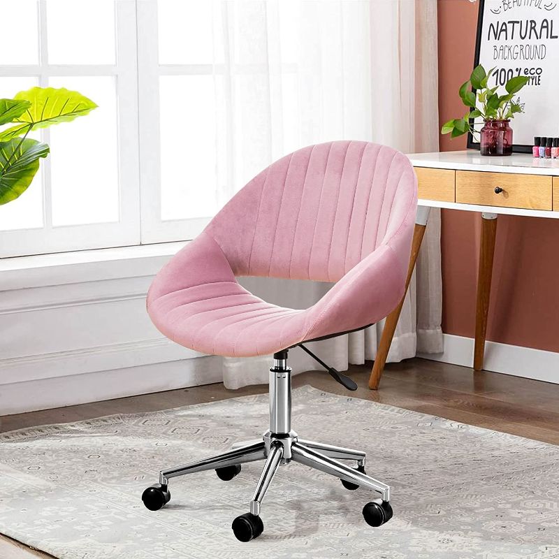 Photo 1 of Velvet Desk Chair, Cute Office Chair with Wheel, Tufted Vanity Chair for Girls Women, 360°Adjustable Swivel Chair for Makeup Room Living Room Dorm Bedroom, Pink+Silver