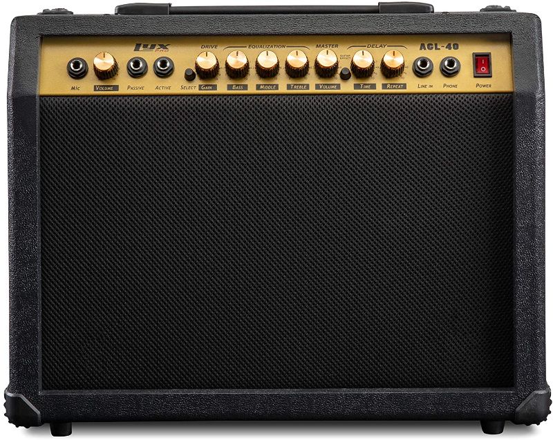 Photo 1 of LyxPro 40 Watt Electric Guitar Amplifier | Combo Solid State Studio & Stage Amp with 8” 4-Ohm Speaker, Custom EQ Controls, Drive, Delay, ¼” Passive/Active/Microphone Inputs, Aux In & Headphone Jack
