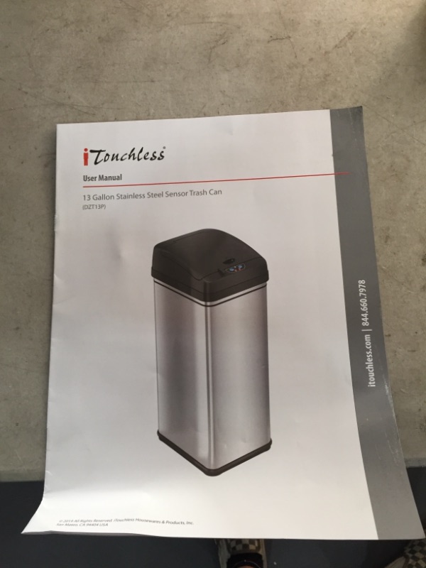 Photo 1 of iTouchless 13 Gallon Automatic Trash Can with Odor-Absorbing Filter and Lid Lock, Power by Batteries (not included) or Optional AC Adapter (sold separately), Black/Stainless Steel
AS IS USED
